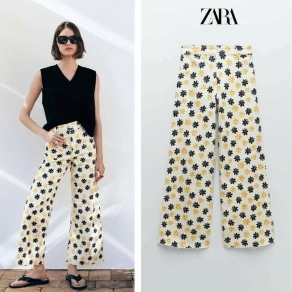 ZARA Cream and Black Floral Wide-Leg Pants